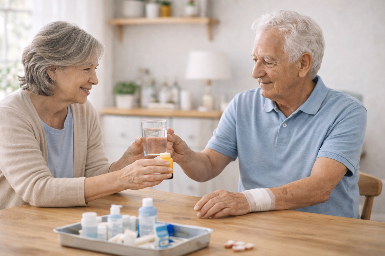 Seniorenpaar bei der Medikamentenversorgung zu Hause